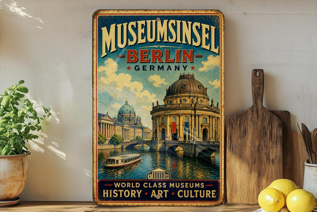 A vintage-style metal sign advertising Museumsinssel Berlin, Germany, featuring an illustration of the city's landmarks and a boat on the water.