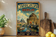 A vintage-style metal sign advertising Museumsinssel Berlin, Germany, featuring an illustration of the city's landmarks and a boat on the water.