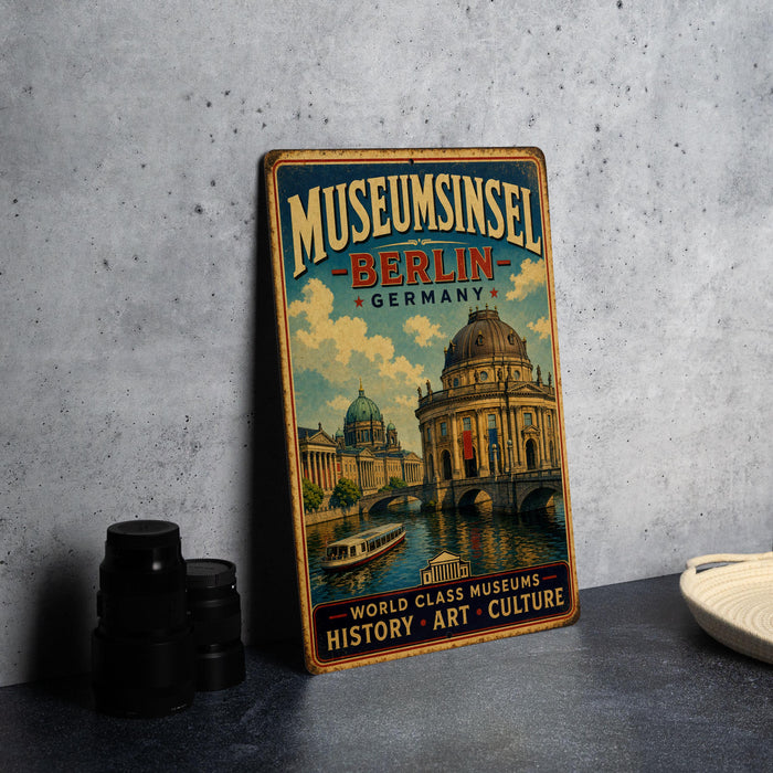 A vintage-style metal sign for the Museum Sinskel in Berlin, Germany, featuring an illustration of the Berlin Wall and the Reichstag building.