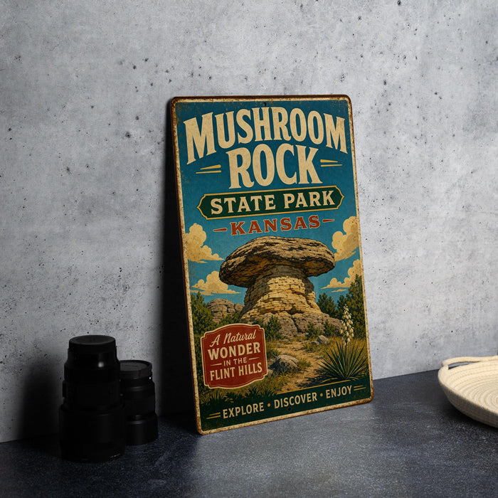 A vintage-style sign for Mushroom Rock State Park in Kansas, featuring an illustration of a mushroom formation and the text "A Natural Wonder" and "Flint Hills" along with the words "Exploration, Discover, Enjoy".
