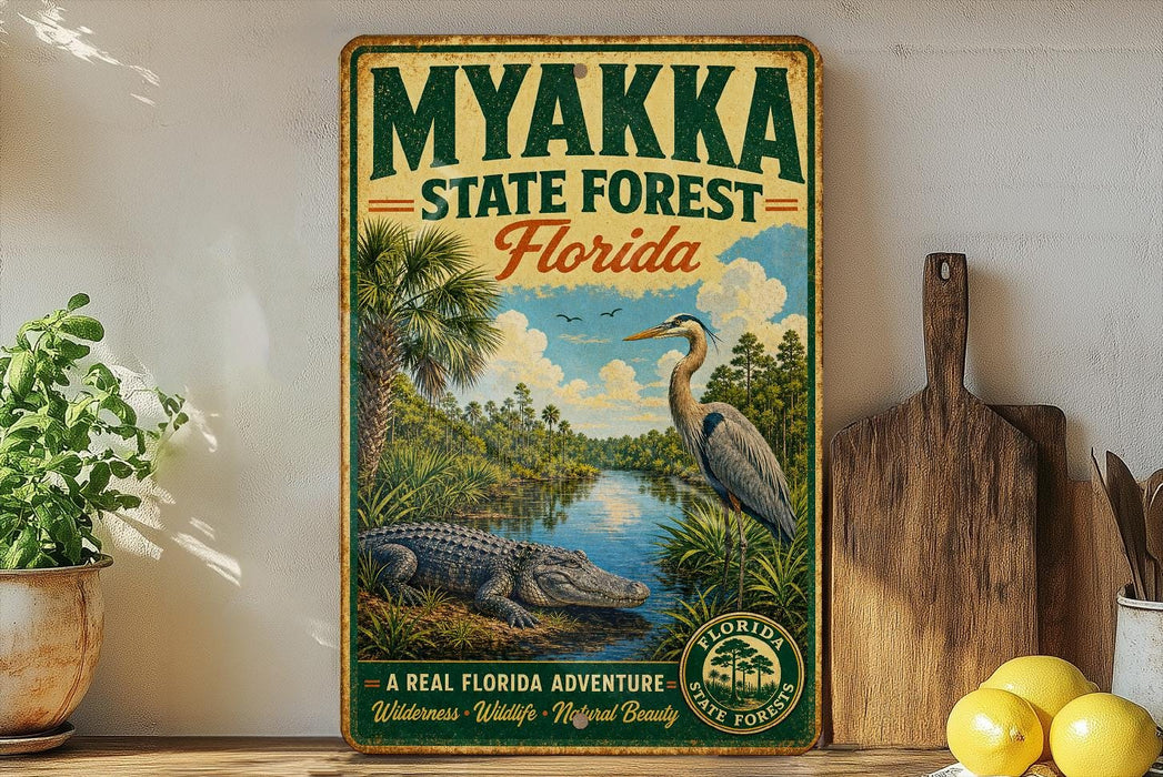 A vintage-style metal sign for the Myakka State Forest in Florida, featuring an illustration of a large alligator and a tall bird, with a scenic landscape in the background.