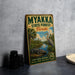 A vintage-style metal sign for the Myakka State Forest in Florida, featuring an illustration of a bird, all set against a backdrop of palm trees and a body of water.