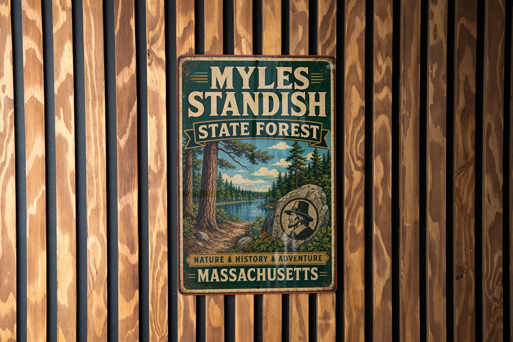 A vintage metal sign for the state forest in Massachusetts, featuring a scenic illustration of a forest and a river.