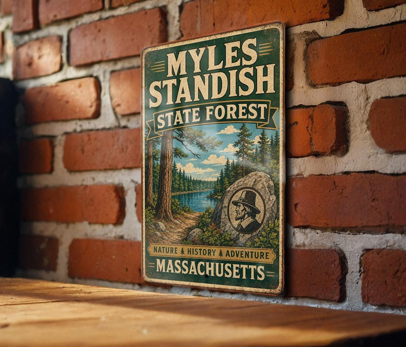 A vintage-style metal sign for the Myles Standish State Forest in Massachusetts, featuring a scenic illustration of a forest landscape with a lake and mountains.