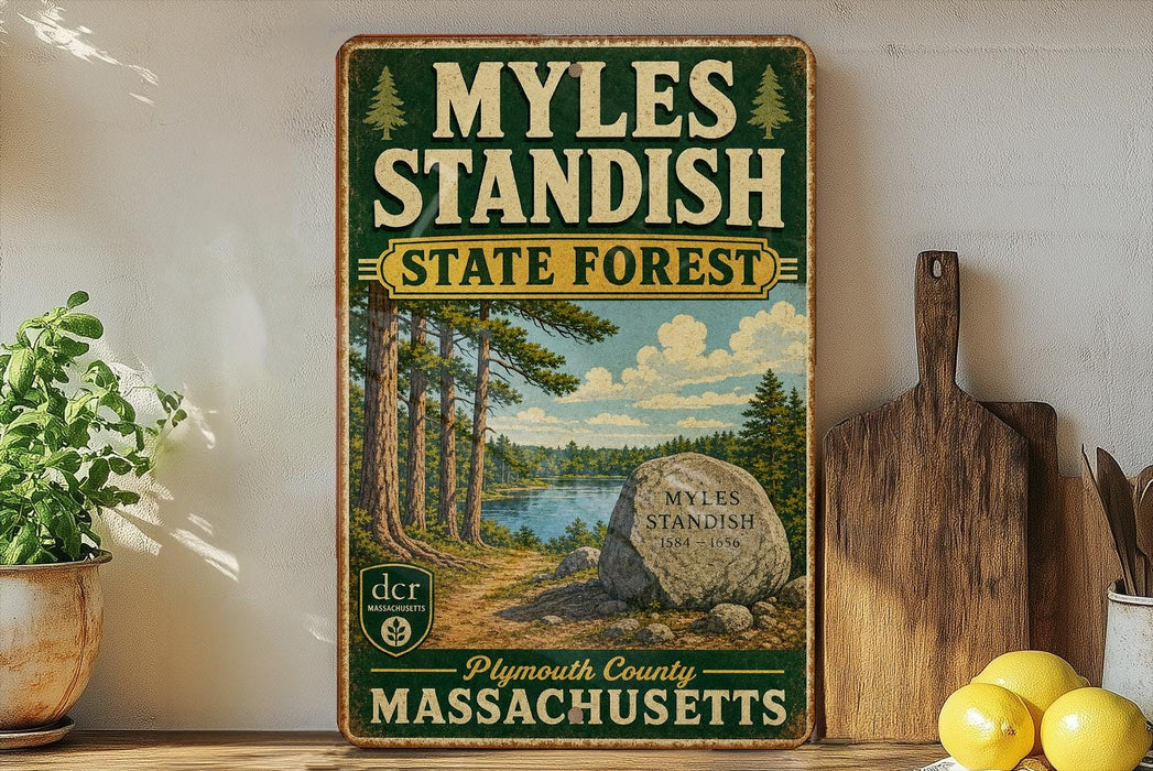 A vintage-style sign for Myles Standish State Forest in Plymouth County, Massachusetts, featuring a scenic illustration of a forest and a lake.