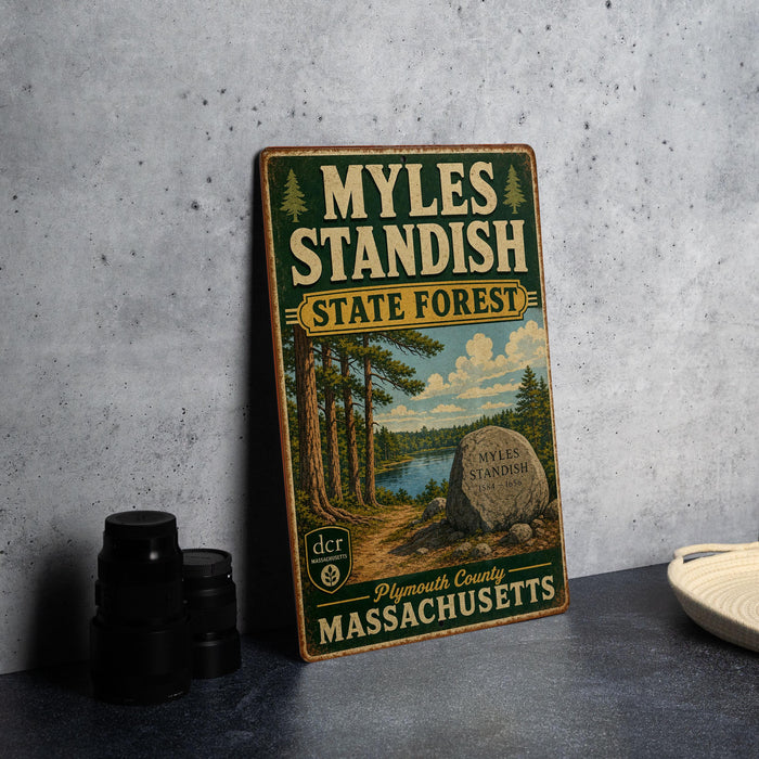 A vintage-style metal sign for Myles Standish State Forest in Plymouth County, Massachusetts, featuring a scenic illustration of a forest and a lake.
