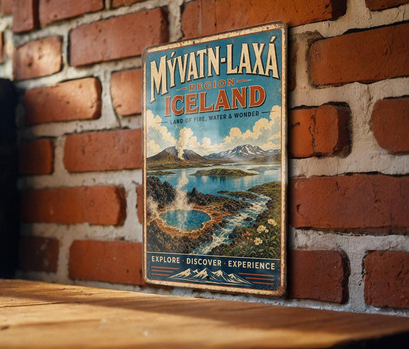 A vintage travel poster advertising the region of Iceland, featuring a scenic landscape with a lake, mountains, and steam vents.