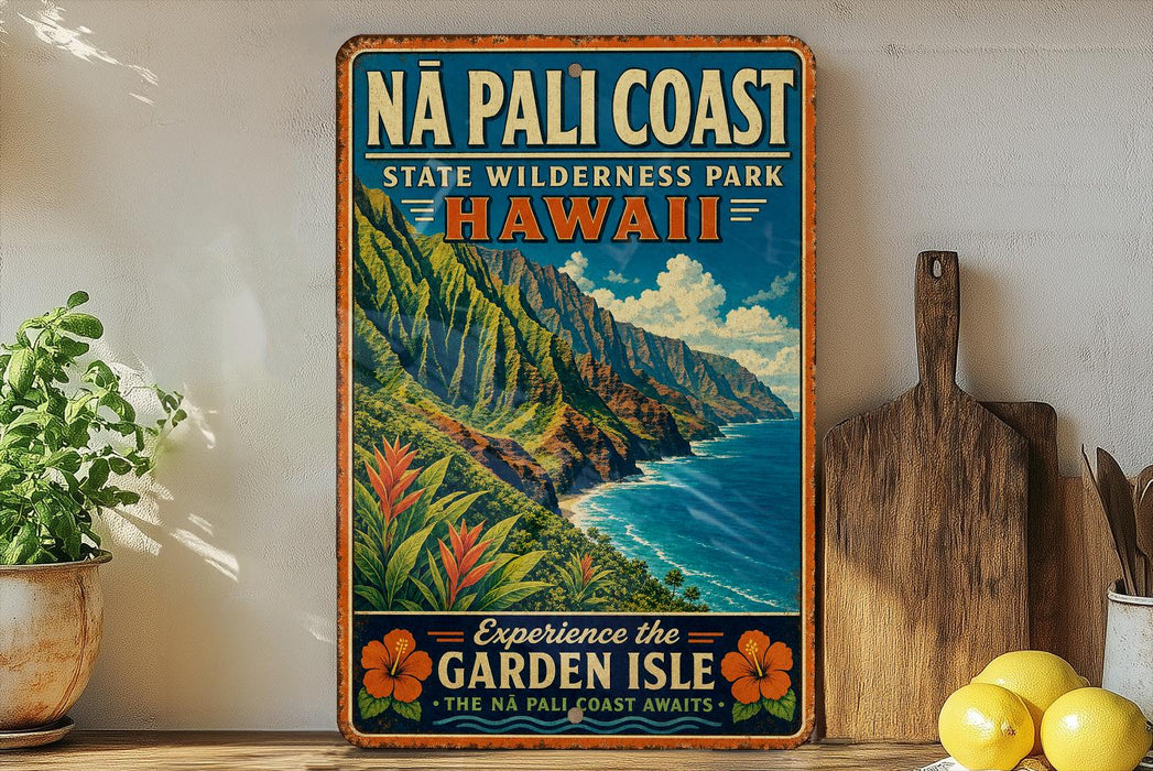 A vintage-style metal sign advertising the Na Pali Coast State Wilderness Park in Hawaii, featuring a scenic mountain landscape with a blue ocean and lush vegetation.