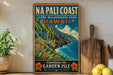A vintage-style metal sign advertising the Na Pali Coast State Wilderness Park in Hawaii, featuring a scenic mountain landscape with a blue ocean and lush vegetation.