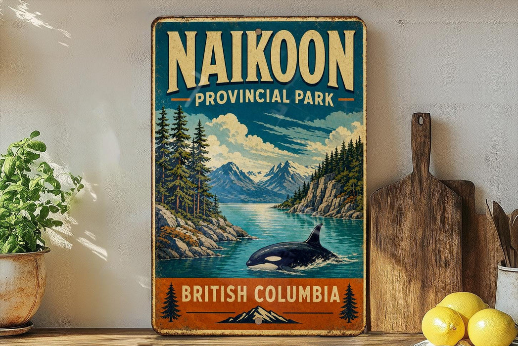 a vintage-style sign for the Naikoon Provincial Park in British Columbia, Canada, with a scenic landscape of mountains, trees, and a whale in the water.