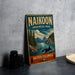 A vintage-style metal sign for Naikoon Provincial Park in British Columbia, featuring a scenic landscape with mountains, trees, and a whale in the water.