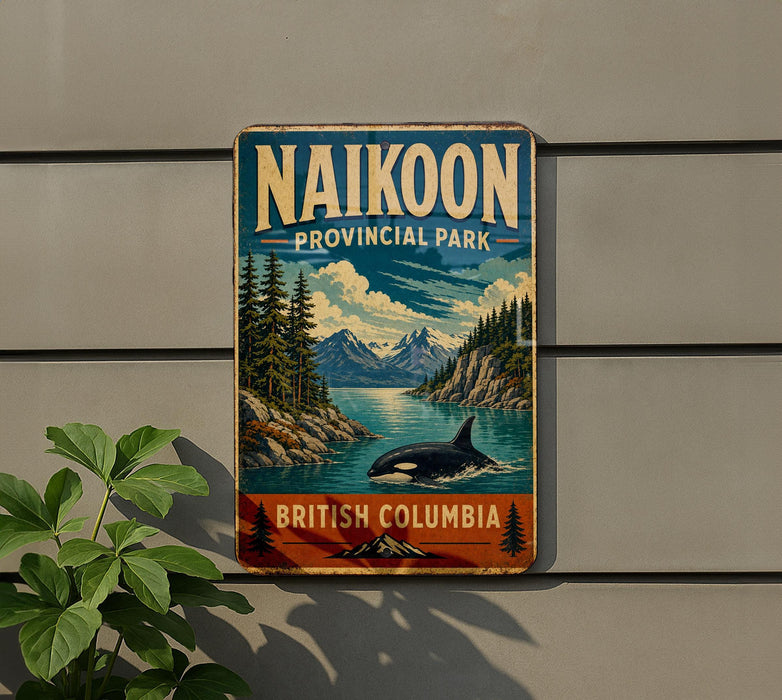 A vintage-style sign for Naikoon Provincial Park in British Columbia, featuring a scenic landscape with mountains, a whale, and a river.