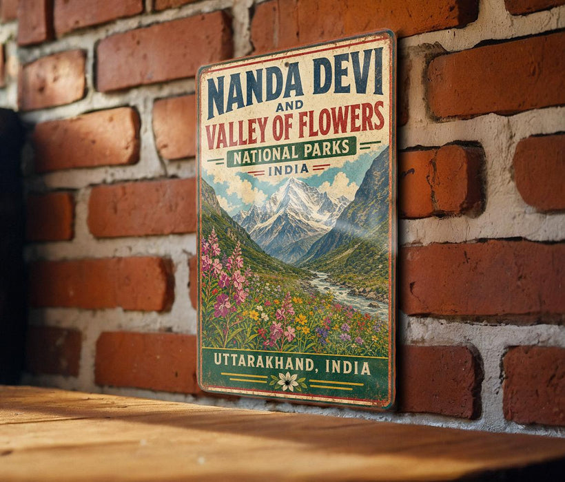 A vintage-style metal sign with the text "NANDA DEVI AND VALLEY OF FLOWERS NATIONAL PARKS INDIA" and "UTTARAKHAND, INDIA" is displayed on a brick wall.
