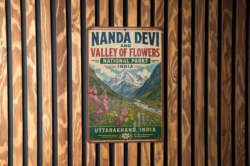 A vintage-style metal sign with the text "Nanda Devi and Valley of Flowers National Parks, India" is displayed on a wooden wall.