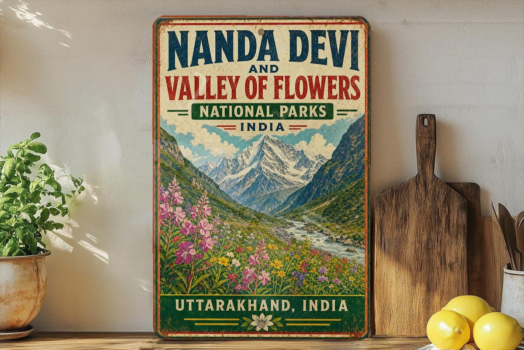 A vintage-style sign for the Nanda Devi Valley of Flowers in Uttarakhand, India, featuring a mountainous landscape with colorful flowers.