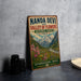 A vintage-style sign for Nanda Devi and Valley of Flowers National Parks in India, featuring a mountain landscape with colorful flowers.