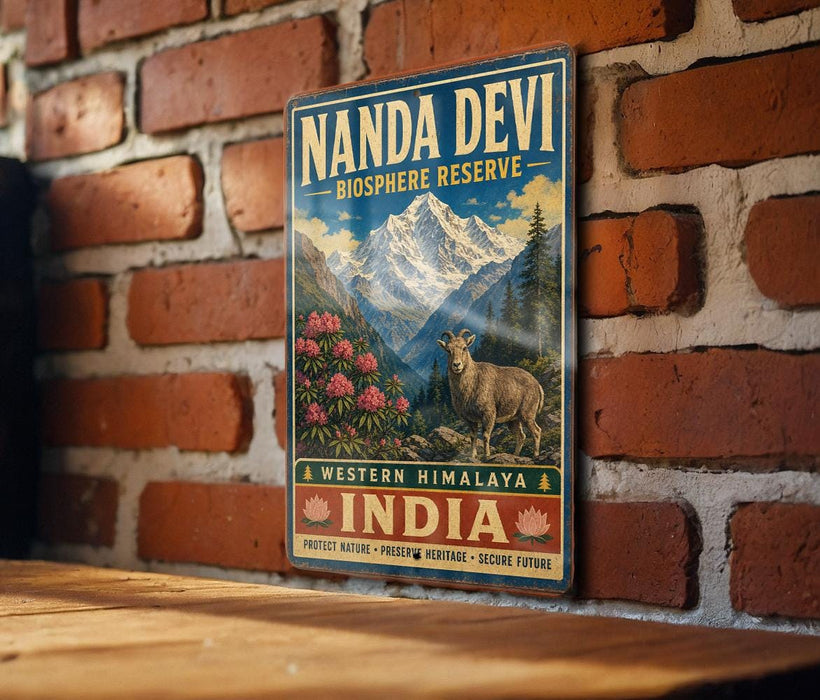 A vintage-style sign for the Nanda Devi Biosphere Reserve in Western Himalaya, India, featuring a mountain landscape with a goat and pink flowers.