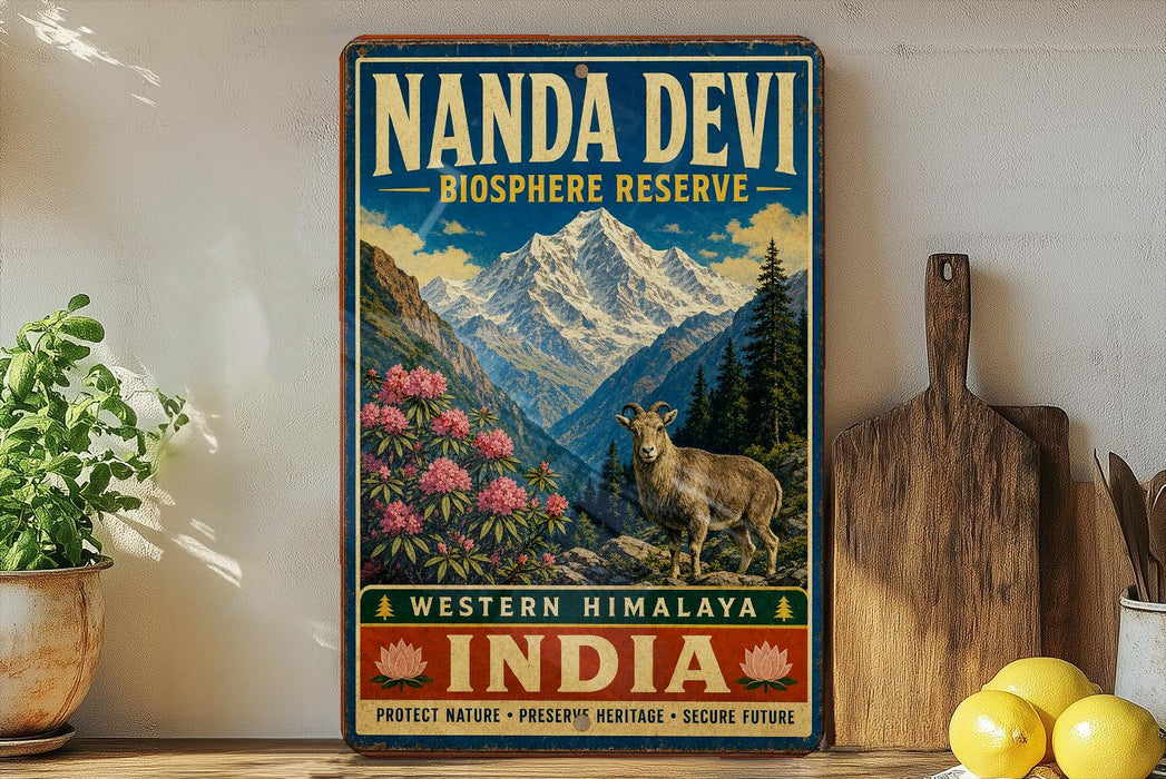 A vintage-style sign for the Nanda Devi Biosphere Reserve in Western Himalaya, India, featuring a mountain landscape with a goat and pink flowers.