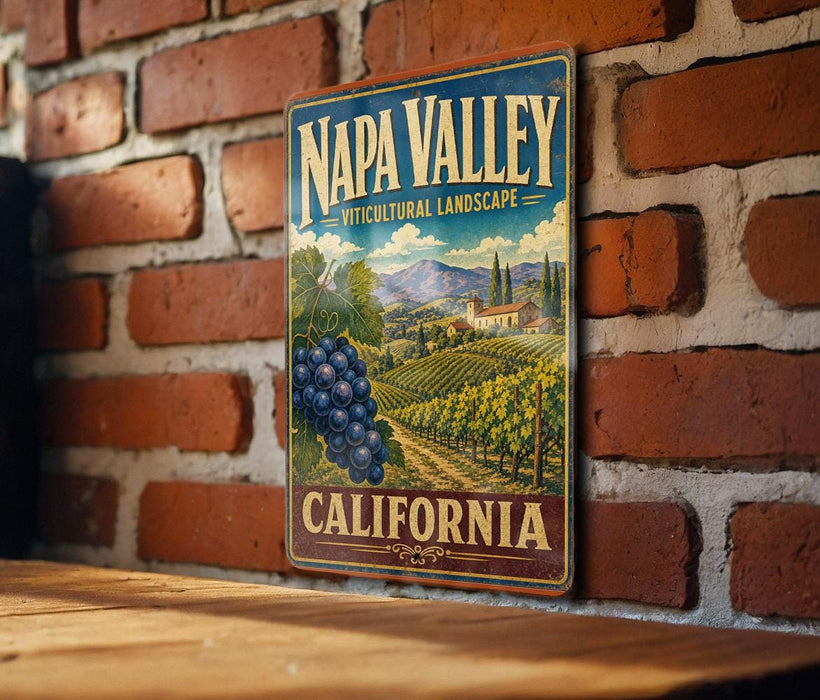 A vintage-style metal sign for Napa Valley, California, featuring a scenic illustration of vineyards and mountains.