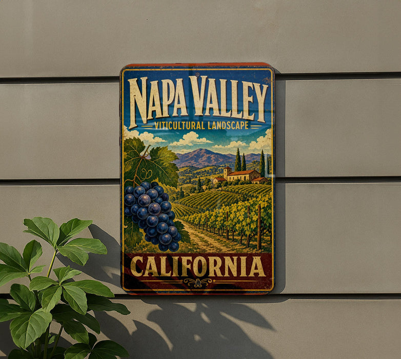 A vintage-style sign for Napa Valley, California, featuring a vineyard landscape with grapes and buildings in the background.