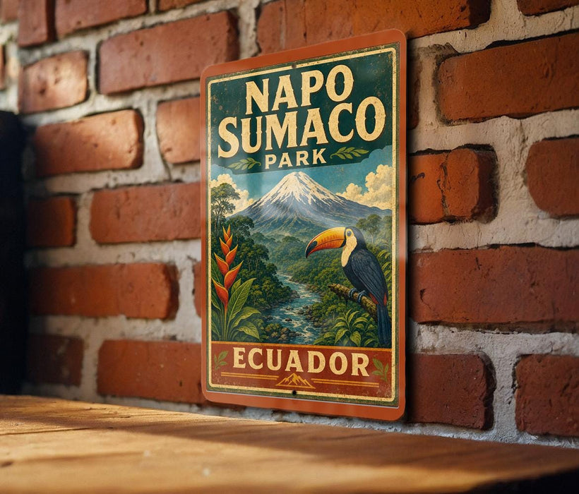 A vintage-style sign for Napo Sumaco Park in Ecuador, featuring a tropical landscape with a toucan and a mountain in the background.