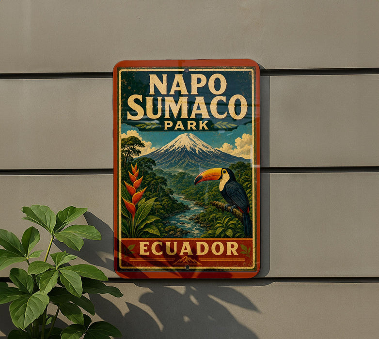 A vintage-style sign for Napo Sumaco Park in Ecuador, featuring a tropical landscape with a toucan and a mountain in the background.