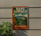 A vintage-style sign for Napo Sumaco Park in Ecuador, featuring a tropical landscape with a toucan and a mountain in the background.