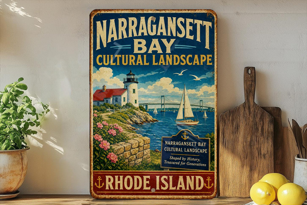 A vintage-style metal sign for Narragansett Bay, Rhode Island, featuring a lighthouse, boats, and a scenic landscape.