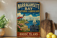 A vintage-style metal sign for Narragansett Bay, Rhode Island, featuring a lighthouse, boats, and a scenic landscape.