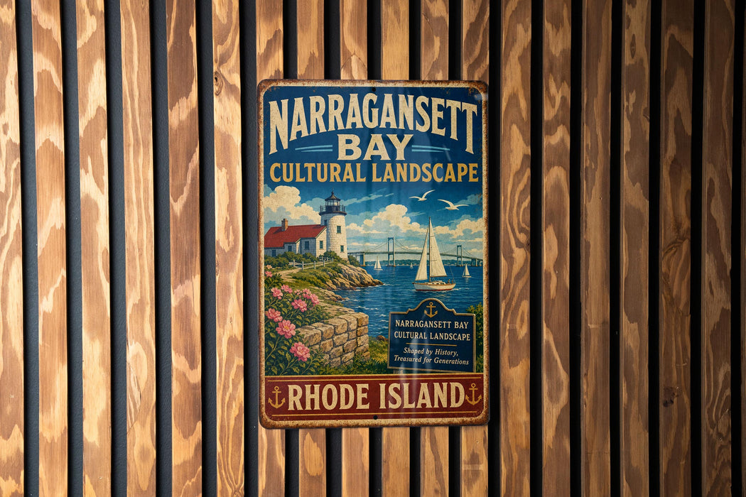 A vintage metal sign for Narragansett Bay, Rhode Island, featuring a lighthouse and a scenic landscape.