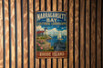 A vintage metal sign for Narragansett Bay, Rhode Island, featuring a lighthouse and a scenic landscape.