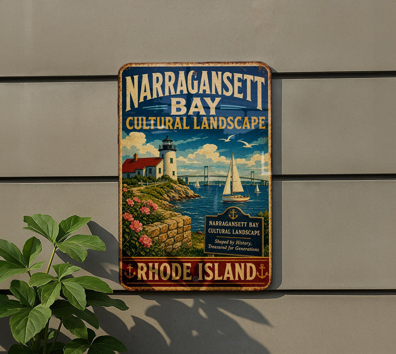 A vintage-style metal sign for Narragansett Bay, Rhode Island, featuring a lighthouse, sailboats, and a scenic landscape.