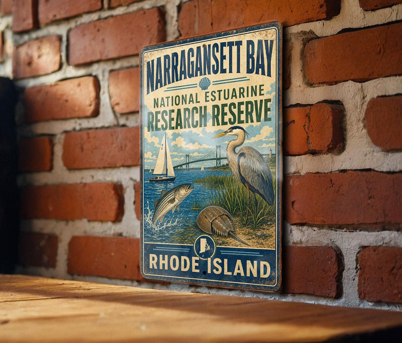 A vintage-style metal sign for Narragansett Bay, Rhode Island, featuring illustrations of a sailboat, a crane, and a heron.