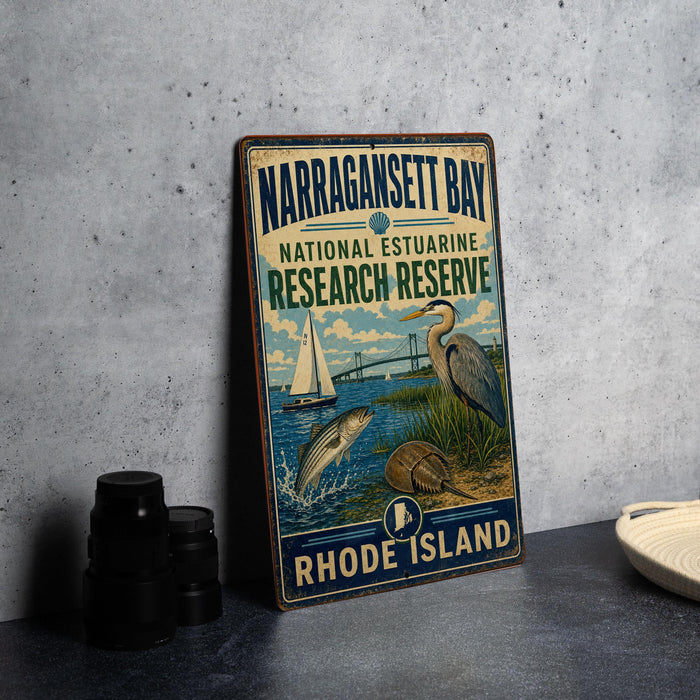 A vintage-style metal sign for Narragansett Bay, New Hampshire's National Estuarine Research Reserve, featuring illustrations of a sailboat, a heron, and a fish.