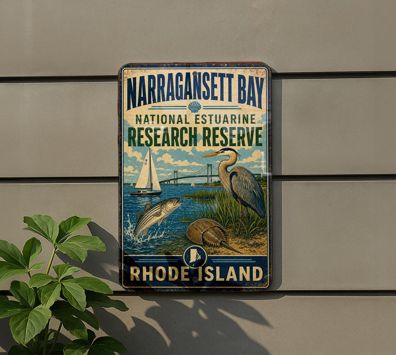 a vintage-style metal sign for Narragansett Bay National Estuarine Research Reserve, with illustrations of a sailboat, a crane, and various marine life.