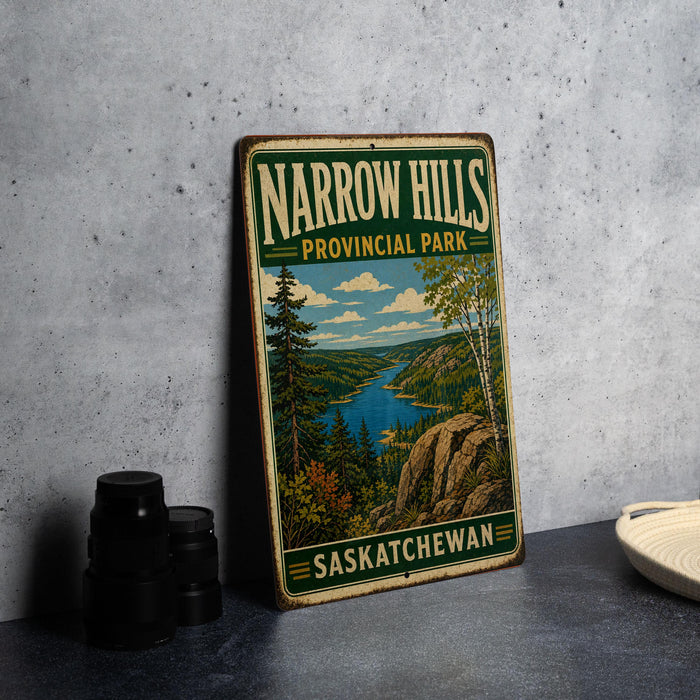 A vintage-style metal sign for Narrow Hills Provincial Park in Saskatchewan, featuring a scenic landscape with a lake and mountains.