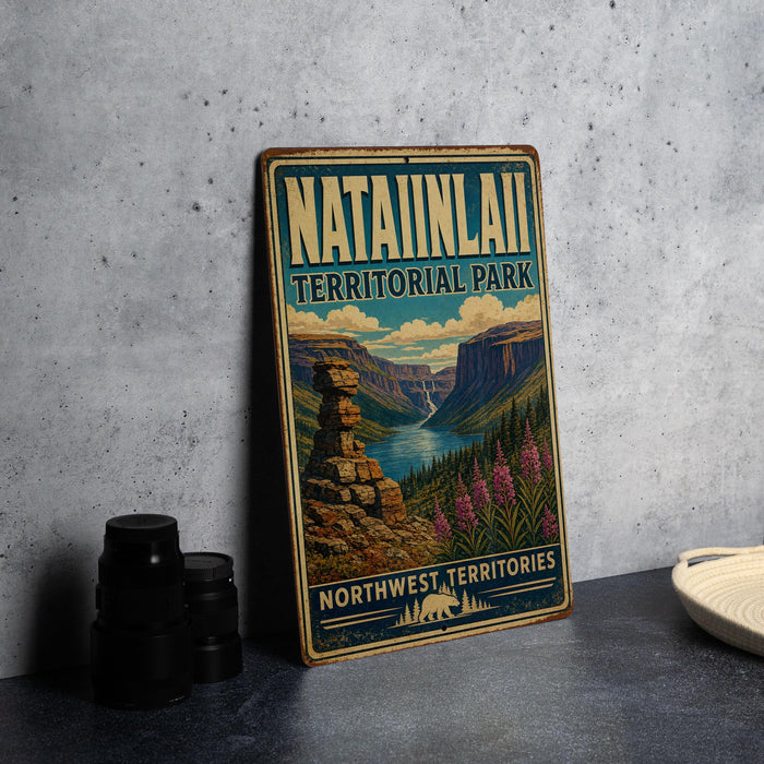 A vintage-style metal sign for Natainlai Territorial Park, featuring a scenic mountain landscape with a waterfall and wildflowers.