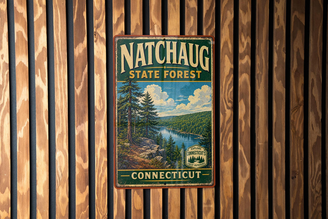 A vintage metal sign for the Natchaug State Forest in Connecticut, featuring a scenic landscape with pine trees and a lake.