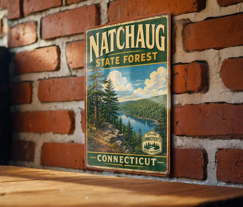 A vintage metal sign for the Natchaug State Forest in Connecticut, featuring a scenic landscape with pine trees and a lake.