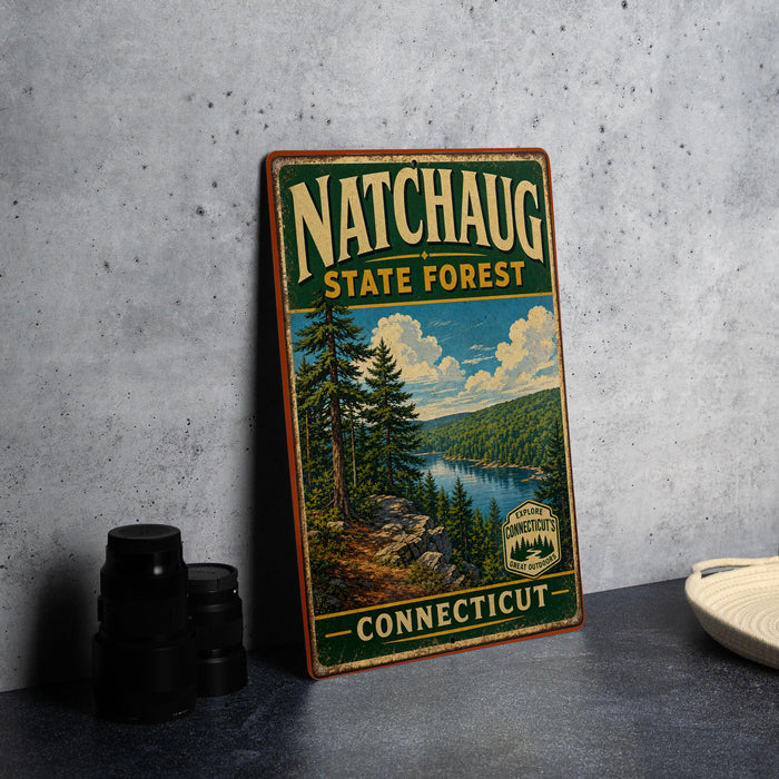A vintage metal sign for the state forest in Connecticut, featuring a scenic landscape with pine trees, a lake, and mountains.