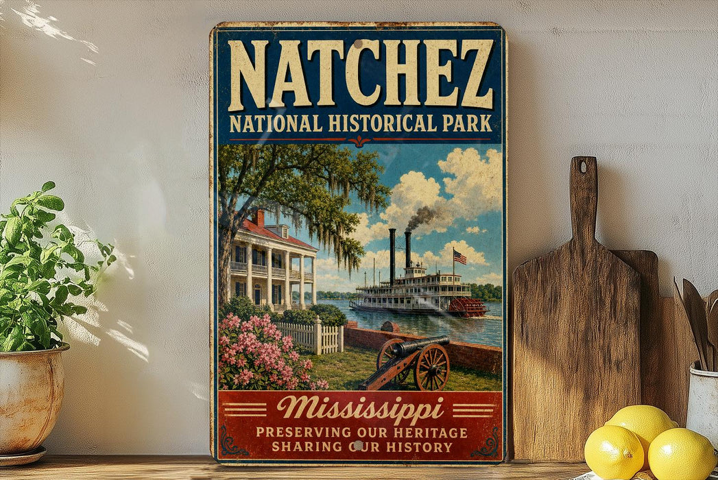 A vintage-style poster of the Mississippi River with a steamboat, surrounded by a house and flowers, is displayed on a wall next to a wooden cutting board and a potted plant.