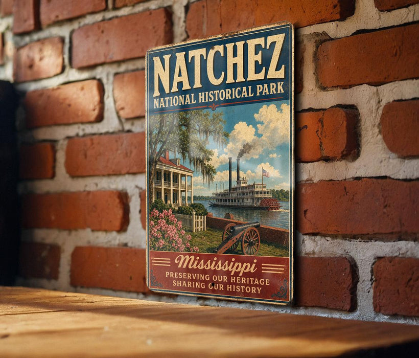 A vintage-style poster of Natchéz National Historical Park, featuring a houseboat and a steamboat on a river, is displayed on a brick wall.