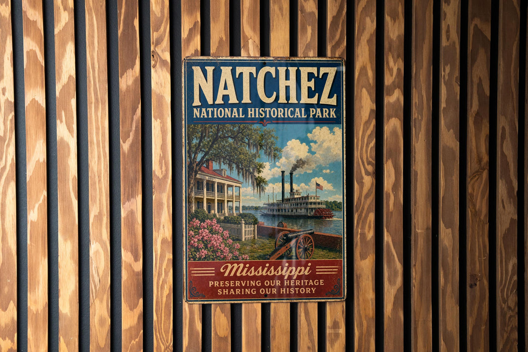 A vintage poster for Natchez National Historical Park, featuring a river scene with a steamboat and a house, is displayed on a wooden wall.