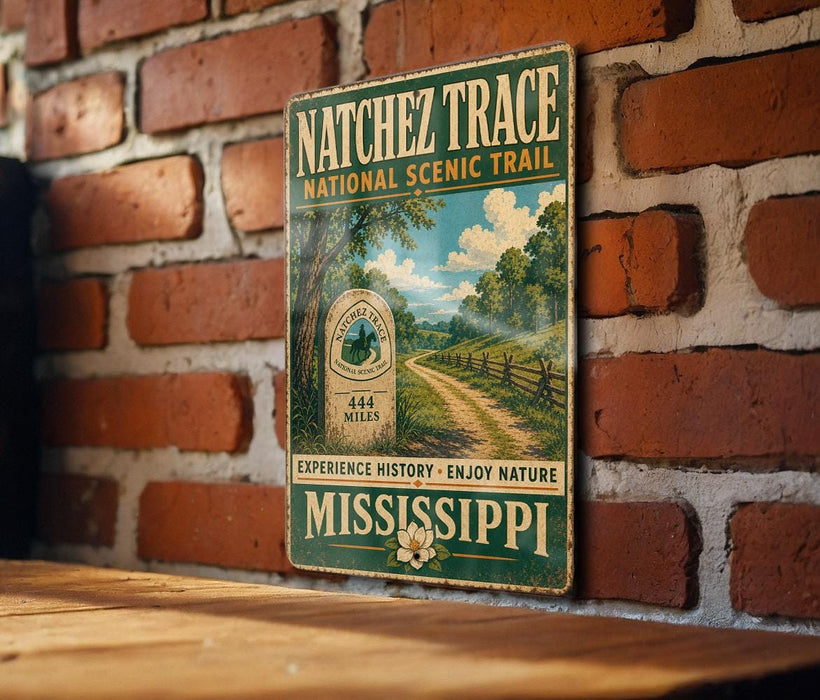 A vintage metal sign for the Natchez Trace National Scenic Trail, featuring a scenic landscape with a dirt road and trees.