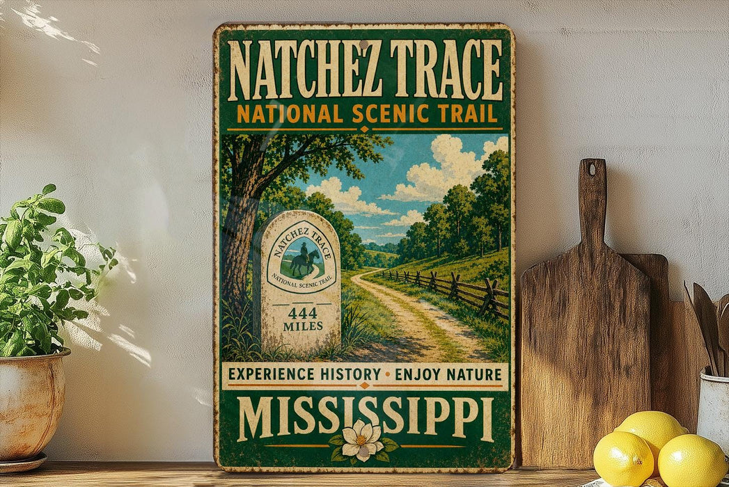 A vintage-style metal sign for the Natchez Trace National Scenic Trail, featuring a scenic landscape with a dirt road, trees, and a signpost.