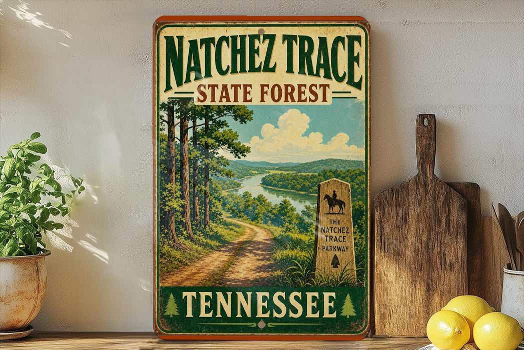 A vintage-style sign for the Natchez Trace State Forest in Tennessee, featuring a scenic landscape with a dirt road, trees, and a river.