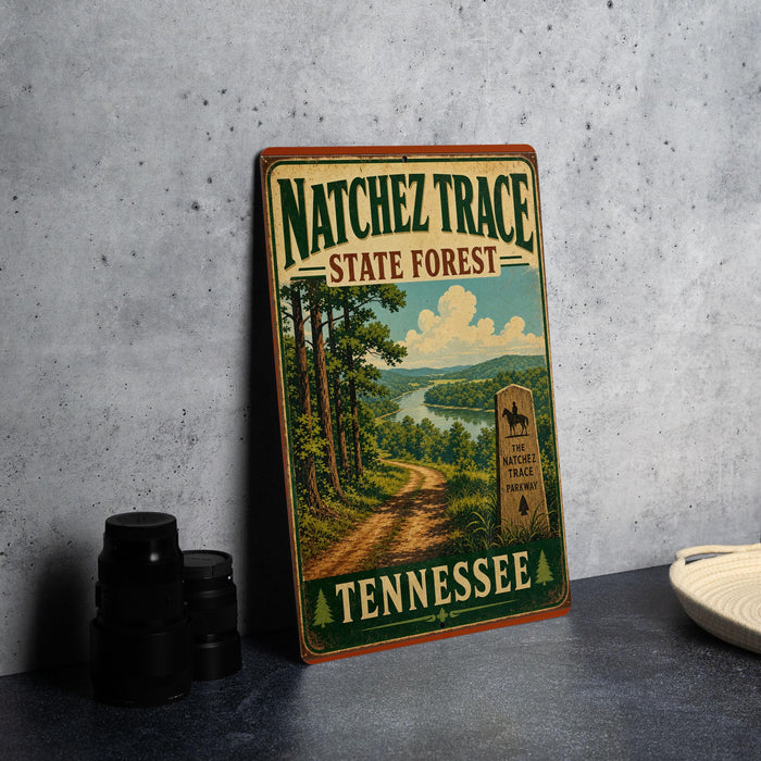 A vintage-style sign for the Natchez Trace State Forest in Tennessee, featuring a scenic illustration of a forest road and a horse-drawn carriage.