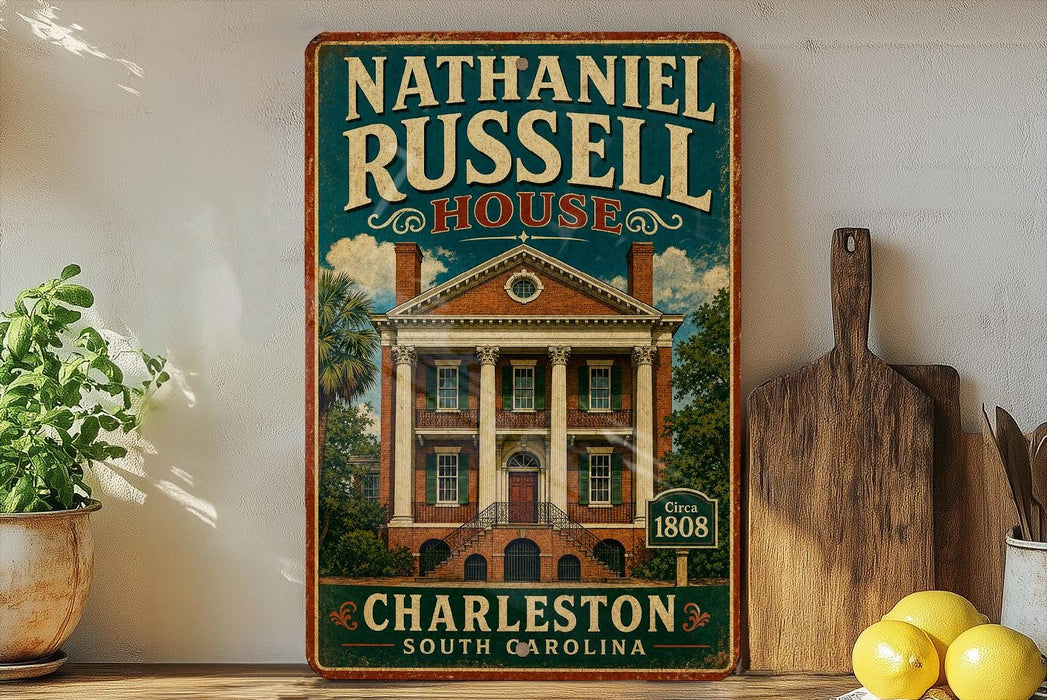 A vintage-style metal sign for Nathaniel Russell House in Charleston, South Carolina, featuring an illustration of the historic building.