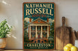 A vintage-style metal sign for Nathaniel Russell House in Charleston, South Carolina, featuring an illustration of the historic building.