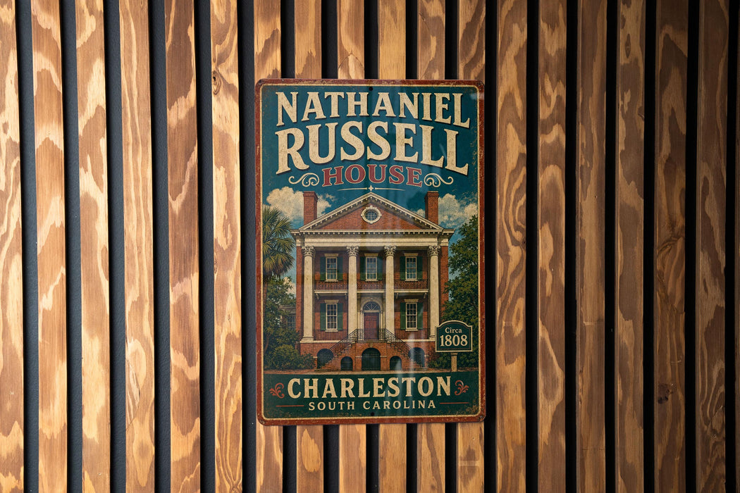 A vintage-style metal sign for Nathaniel Russell House in Charleston, South Carolina, mounted on a wooden wall.